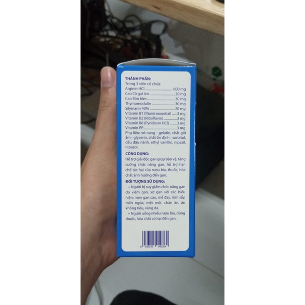 Arginin New Cà gai leo Silymarin mát gan giải độc gan bổ gan Tăng đề kháng thymomodulin Vitamin B1 B2 B6 PP Hộp 50 Viên