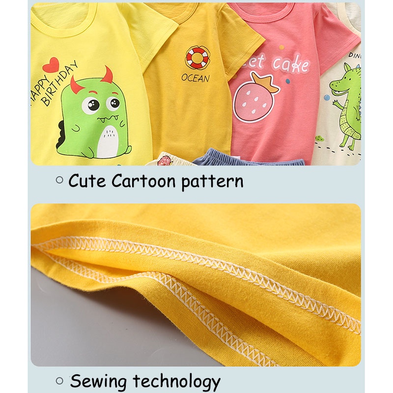 Bộ đồ thun cotton SANITKUN gồm áo tay ngắn và quần dài in hình hoạt hình phong cách Hàn Quốc cho bé