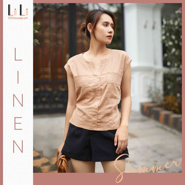 Áo kiểu nữ đẹp đi làm màu kaki công sở chất vải linen dày dặn dành cho người 45kg - 90kg