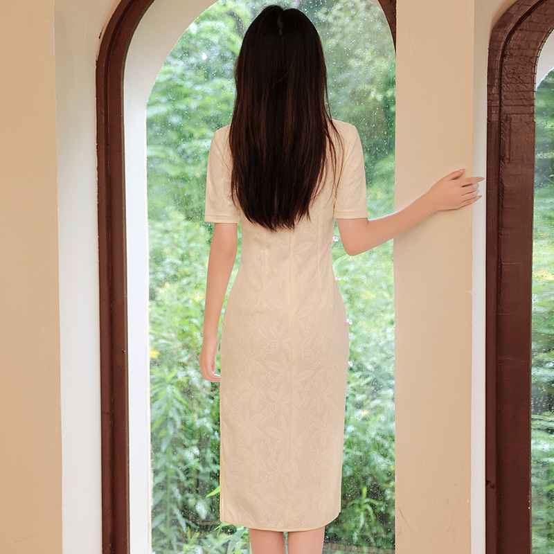 Đầm Sườn Xám Tay Ngắn Phối Ren Phong Cách Trung Hoa Quyến Rũ Size S-2XL