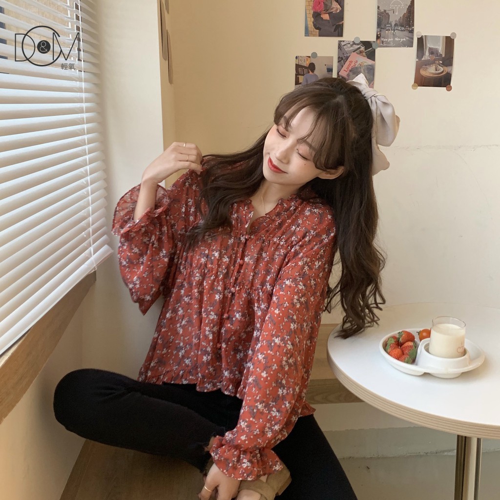 Áo Sơ Mi Dài Tay Họa Tiết Hoa Xinh Xắn Theo Phong Cách Retro Hàn Quốc | BigBuy360 - bigbuy360.vn