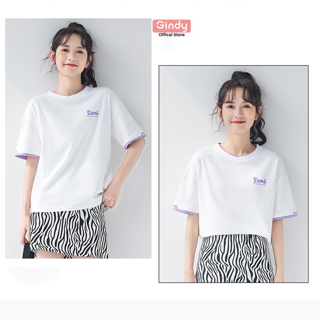 Áo thun cotton nữ tay lỡ form rộng GINDY cổ tròn basic unisex thoáng mát thời trang xuân hè 2022 A006