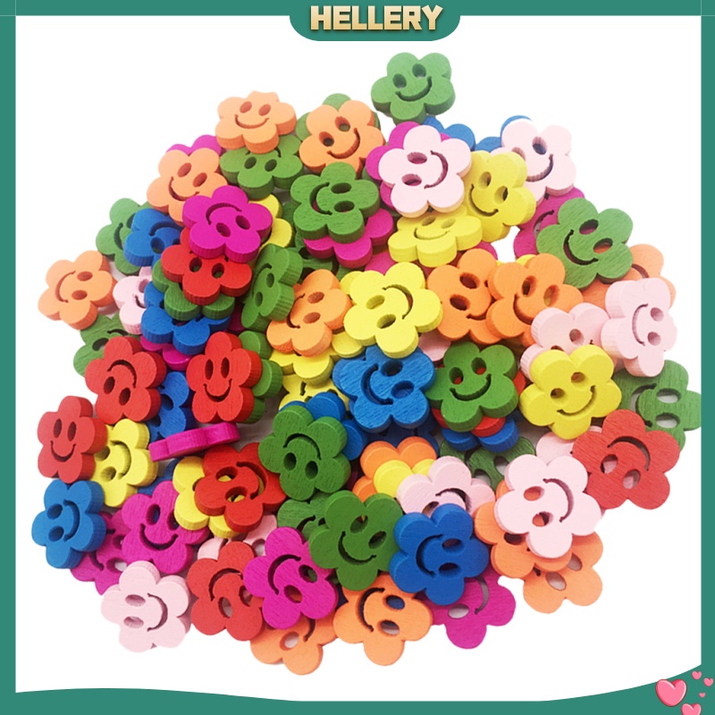 Set 100 Nút Gỗ 2 Lỗ 20mm Hình Bông Hoa / Mặt Cười Dễ Thương Dùng Trang Trí DIY