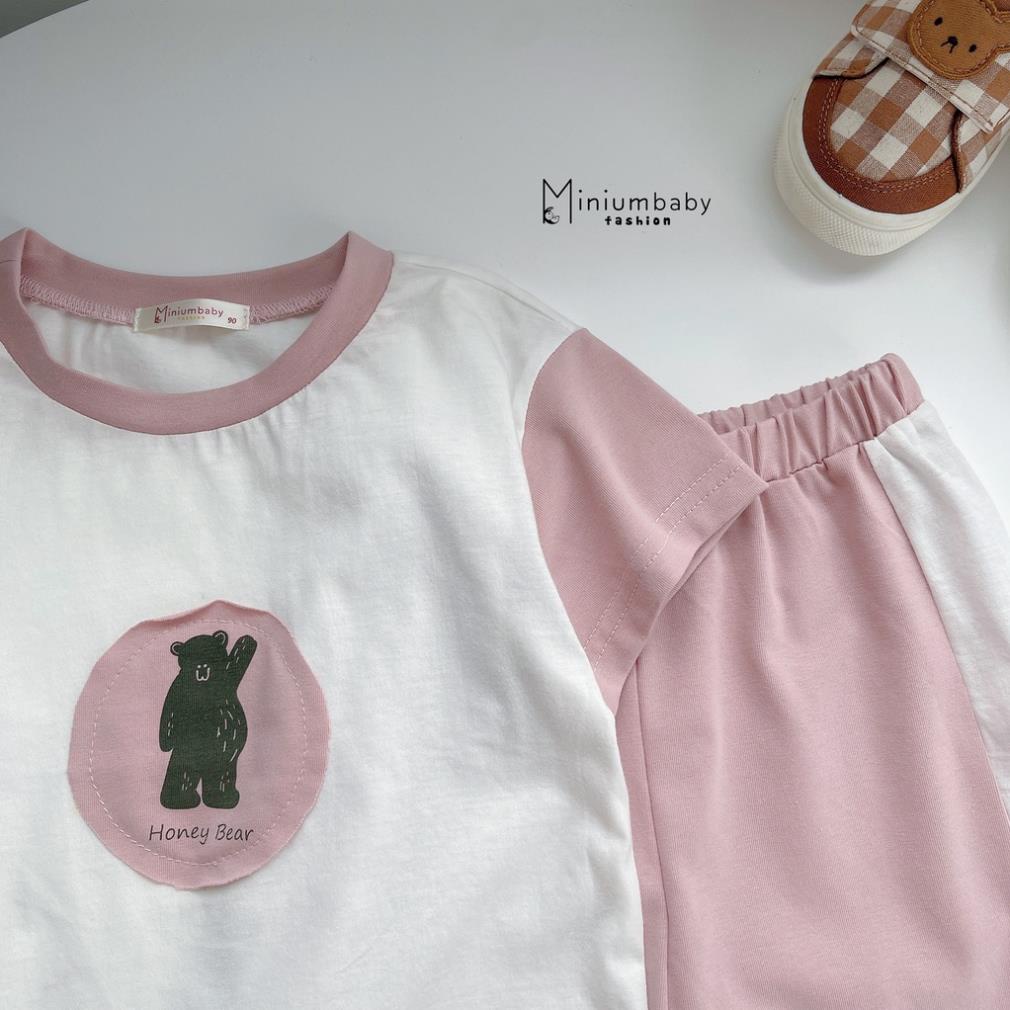 Bộ cộc tay mùa hè unisex cho bé trai và bé gái chất liệu cotton, set đồ in gấu-MiniumBaby-SB1214