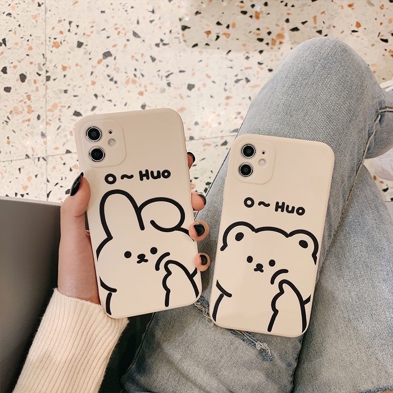 Ốp lưng hình thỏ roro and gấu cạnh vuông giả lp 12 5/5s/6/6plus/6s/7/7plus/8/8plus/x/xr/xs/11/12/pro/max