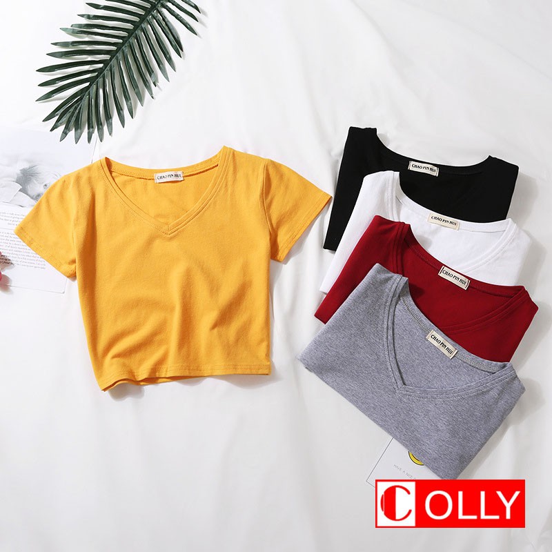 Áo thun Croptop form rộng tay lỡ cổ tim cá tính - COLLY