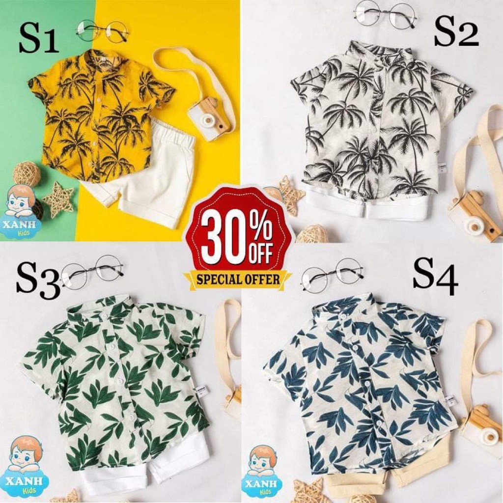 [Mã FASHIONXANH264 giảm 10K đơn 50K] Bộ Hoa Lá Đi Biển Cho Bé Trai Chất Đũi Siêu Mát 10-25Kg