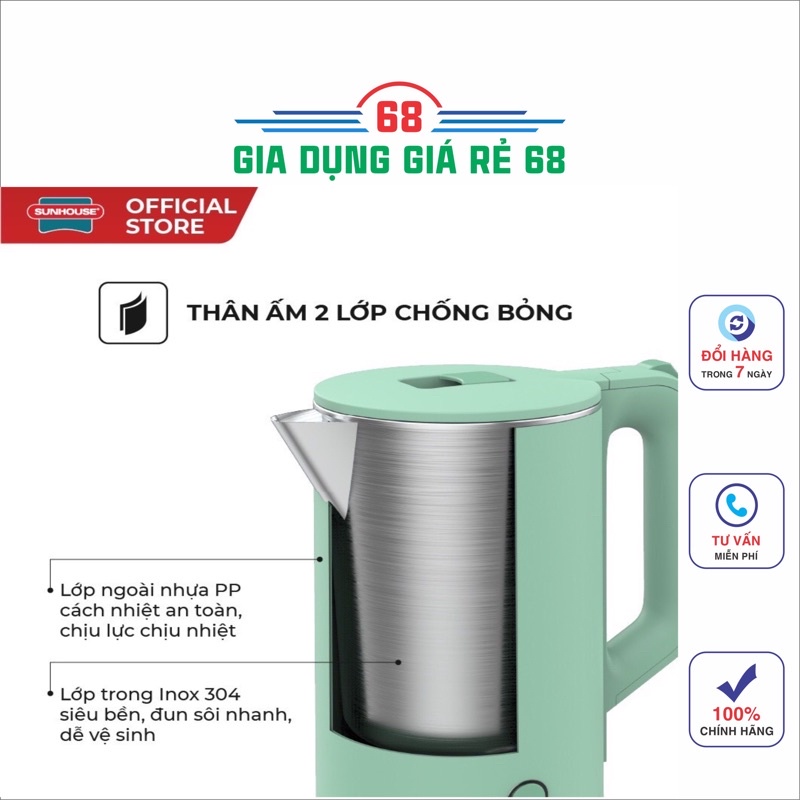 Ấm siêu tốc inox 2 lớp 1.7L SUNHOUSE SHD1350