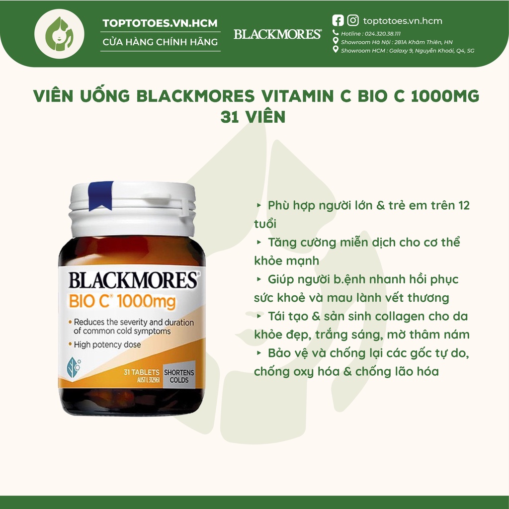 Viên uống Blackmores Vitamin C Bio C 1000mg tăng cường miễn dịch, làm đẹp da, chống oxy hóa - 31 viên