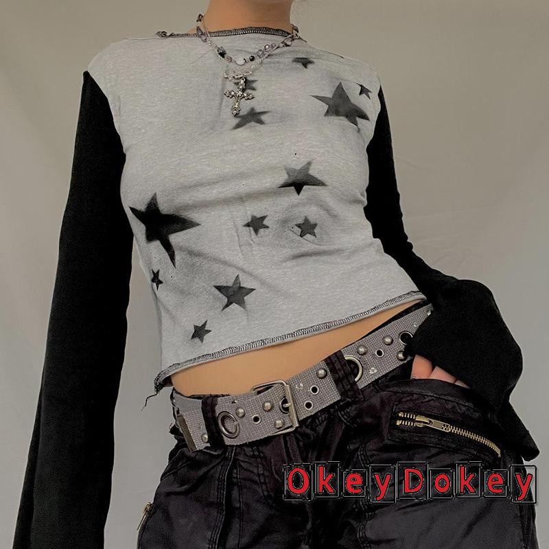 Áo Thun Crop Top Tay Dài Cổ Tròn In Hình Ngôi Sao Màu Xám Phong Cách Harajuku ODokey-Y2K Thời Trang Xuân Thu Cho Nữ