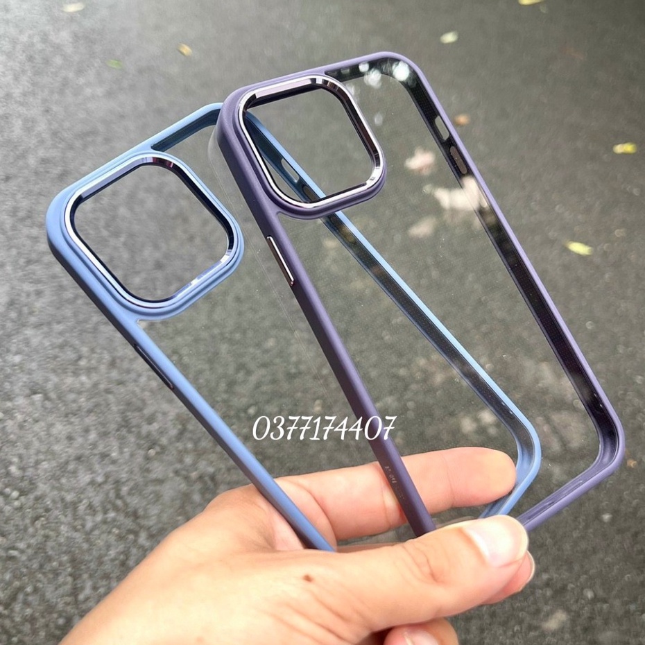 Ốp lưng X&M trong kính viền màu  cho iPhone 15 Pro Max, 14, 14 Max, 14 Pro, 14 Pro Max vành camera bọc nhôm sang trọng