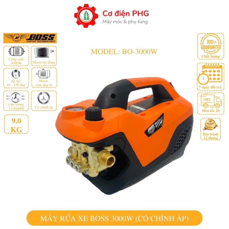 Máy rửa xe chỉnh áp BOSS công suất 3000W dùng xịt rửa xe, vệ sinh máy lạnh | Model BO-3000W| Bảo hành 12T