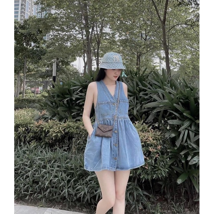 Váy jean sát nách túi hàng mới về siêu hot, Đầm jean ba lỗ dáng babydoll kèm ảnh thật