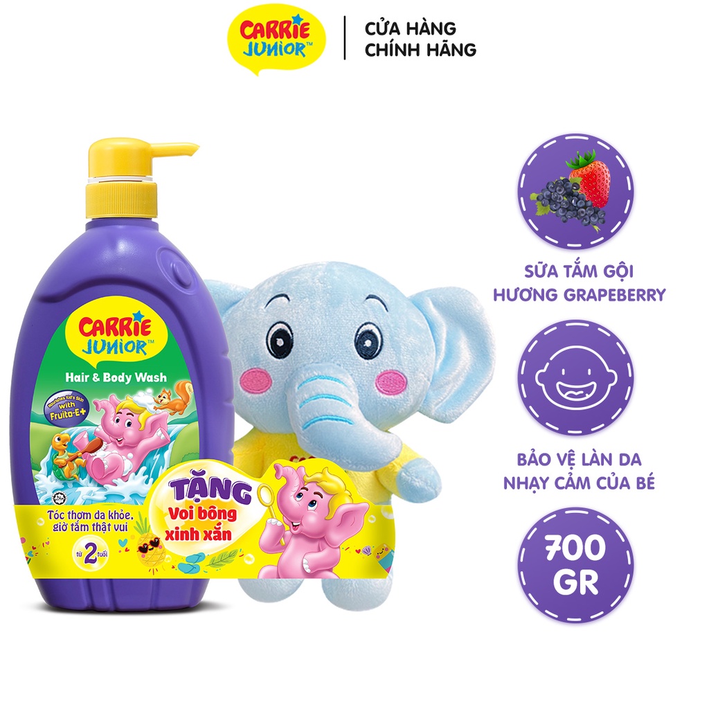 [GIFT] Sữa Tắm Gội cho bé Carrie Junior hương Grapeberry 700g + Voi bông