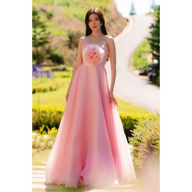 🌷 Đầm dạ hội cưới cúp ngực kết hoa màu hồng dạ tiệc trắng trọng
