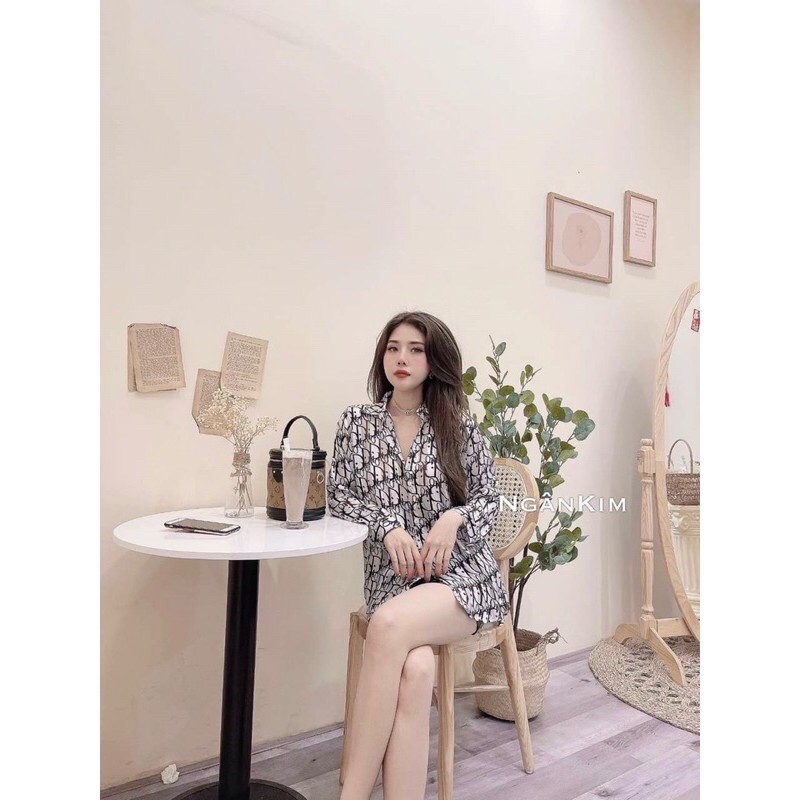 Áo sơ mi lụa hoạ tiết chữ D ior sang chảnh lụa tơ mềm mát cao cấp form rộng