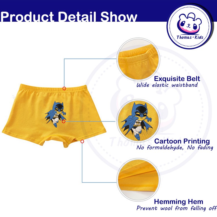 Set 5 Quần Lót Boxer Cotton Thoáng Khí In Họa Tiết Hoạt Hình Siêu Anh Hùng Cho Bé Trai 3-12 Tuổi