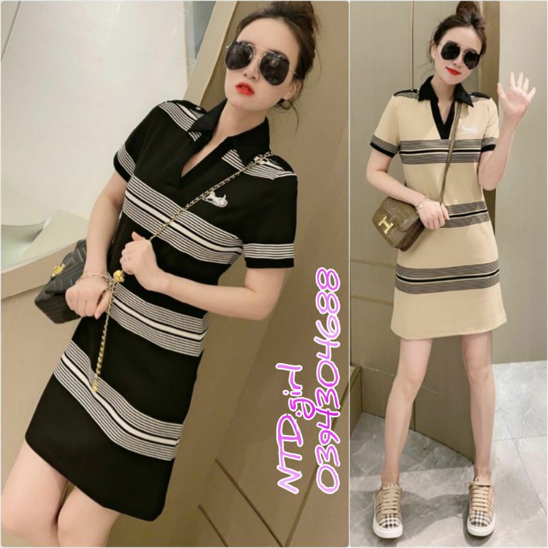 Hàng nhập - Đầm len dáng suông cổ polo kẻ ngang, váy xuông thu đông tay ngắn trẻ trung