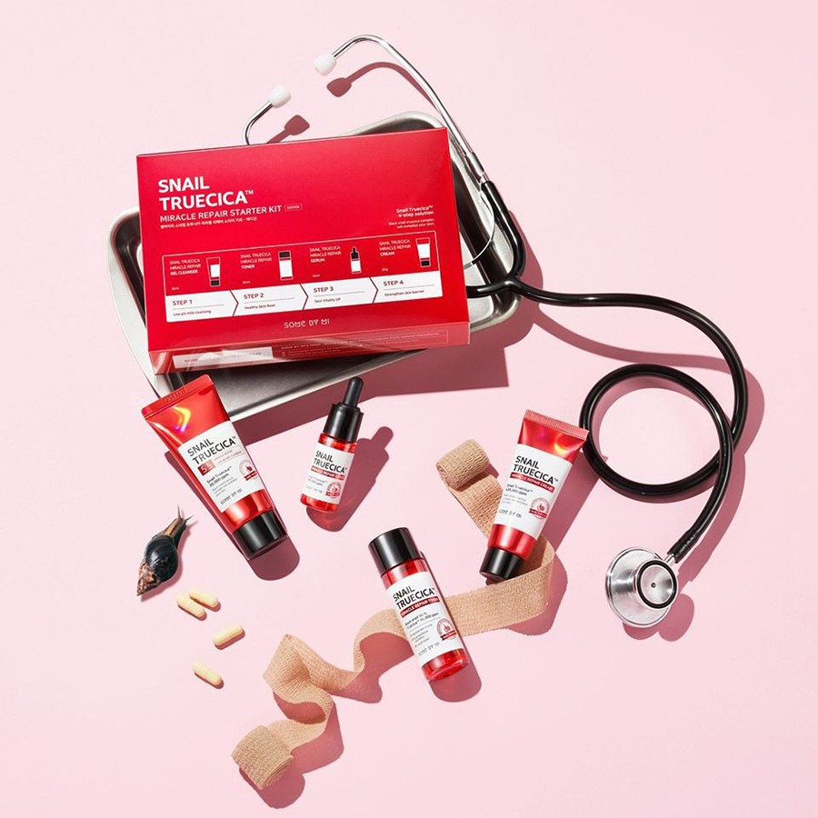 Bộ kit 4 sản phẩm hỗ trợ phục hồi da, cải thiện sẹo thâm Some By Mi snail truecica miracle repair starter kit