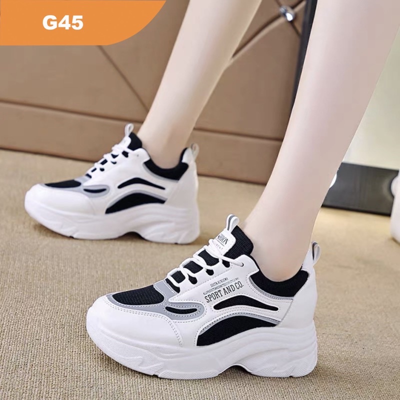 Giày Thể Thao Nữ Độn Đế 7 Phân Màu Trắng Đen Siêu Đẹp