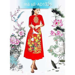 Có size 4XL AD1335 Áo Dài Cách Tân cổ tròn in họa tiết hoa và chim cò mùa xuân kèm váy