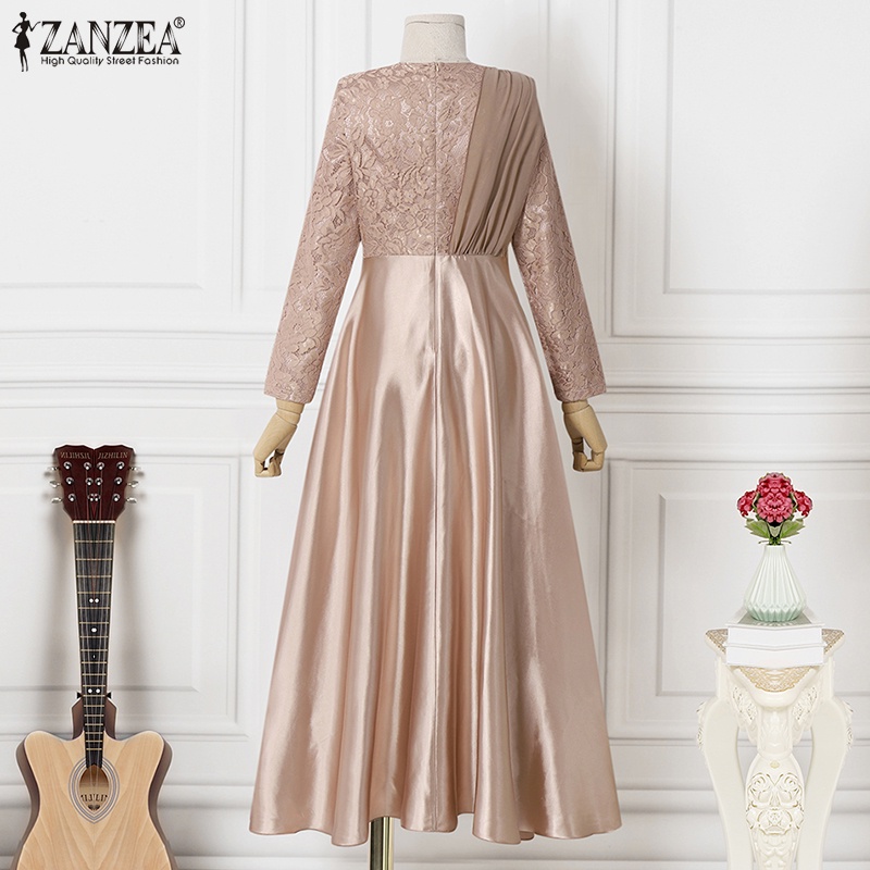 Đầm maxi Zanzea dài tay phối ren có khóa kéo thời trang dành cho nữ