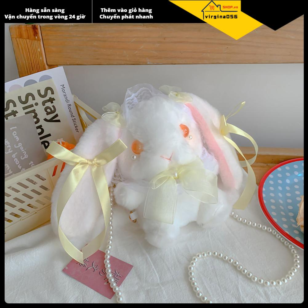 Virgina056 Túi xách Bunny dễ thương Lông mịn Phim hoạt hình Động vật sang trọng ví với dây đeo ngọc trai nhân tạo cho bé gái