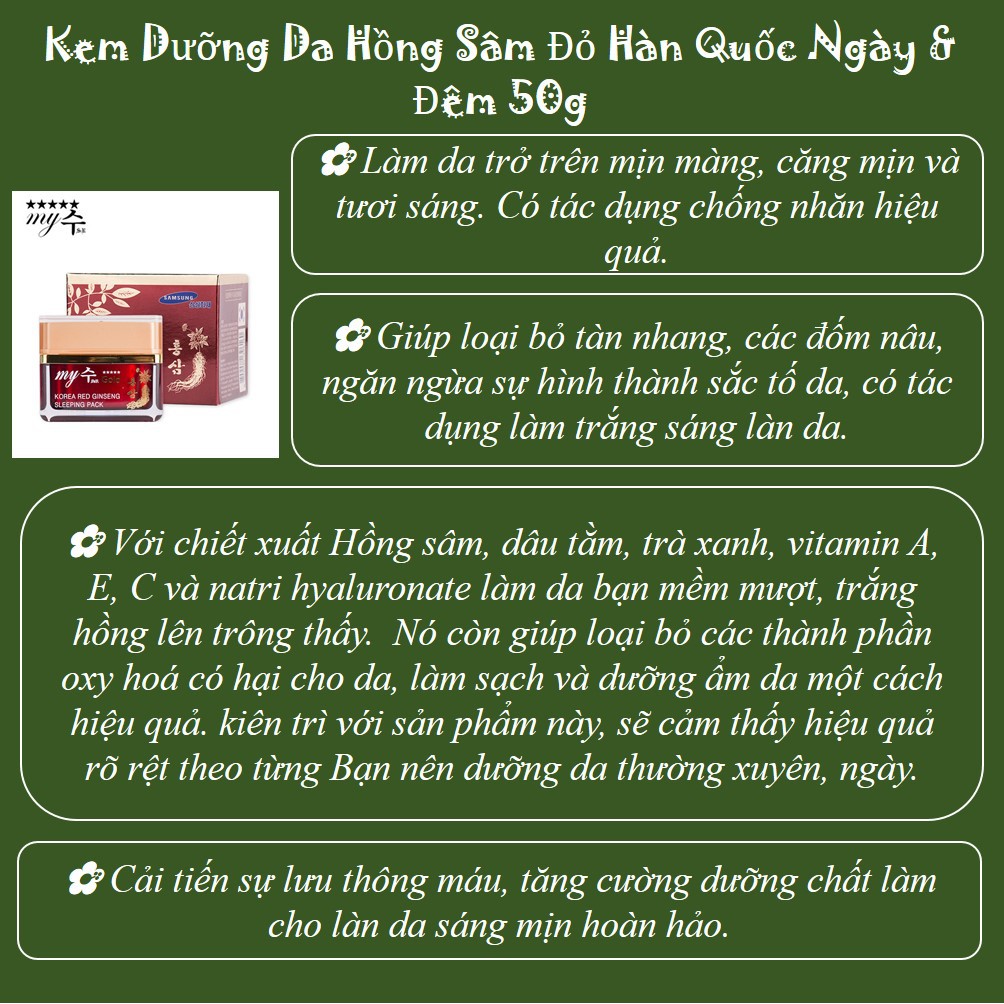 Kem Dưỡng Trắng Da 💖 FREESHIP 💖 Kem Dưỡng Da Hồng Sâm Đỏ Hàn Quốc Ngày & Đêm 50g