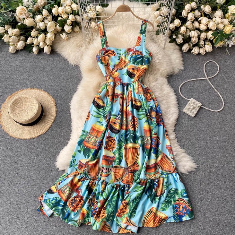 Váy hoa maxi LUHAZO 2 dây đi biển đi chơi hở lưng dáng dài rộng bigsize kiểu sang chảnh Hàn Quốc dk7t503