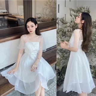 Đầm - váy trắng tay hạt nơ chéo dáng bồng công chúa 🌸