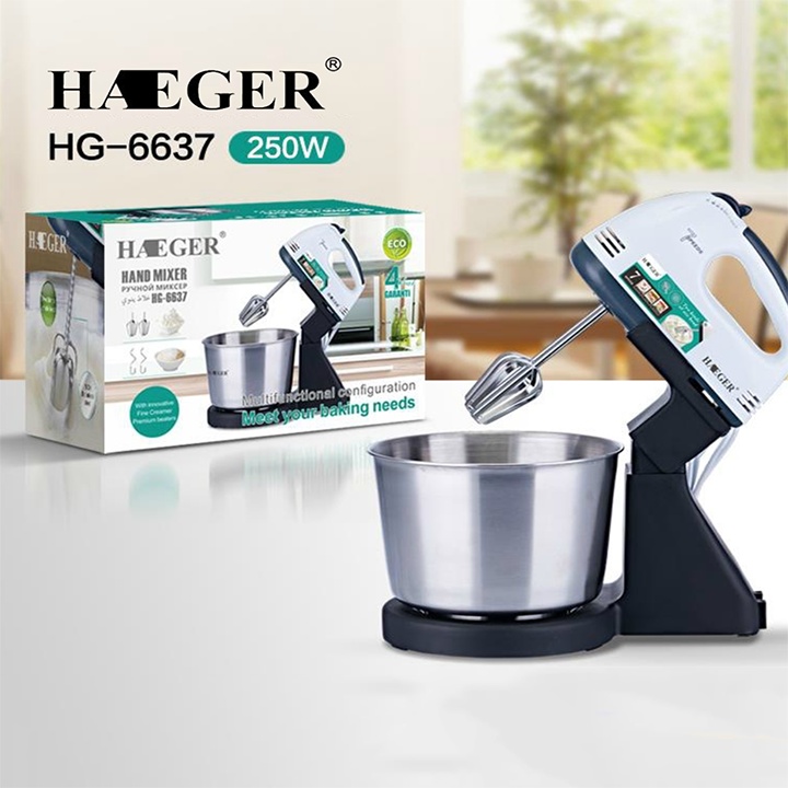 Máy Đánh Trứng Trộn Bột Cầm Tay và Để Bàn HAEGER - 7 Tốc Độ, Chậu 2L