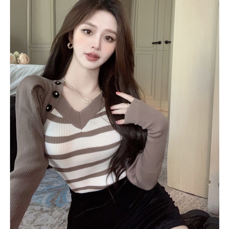 Áo Sweater Dáng Ôm Cổ Chữ V Kẻ Sọc Thời Trang Mùa Thu Cho Nữ