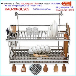Kệ đựng chén bát Inox Tovashu KAG-304SU265,2 tầng KAG-304SU266 inox 304 Nhật Bản 70cm-80cm-90cm, kệ chén dĩa  có móc tre