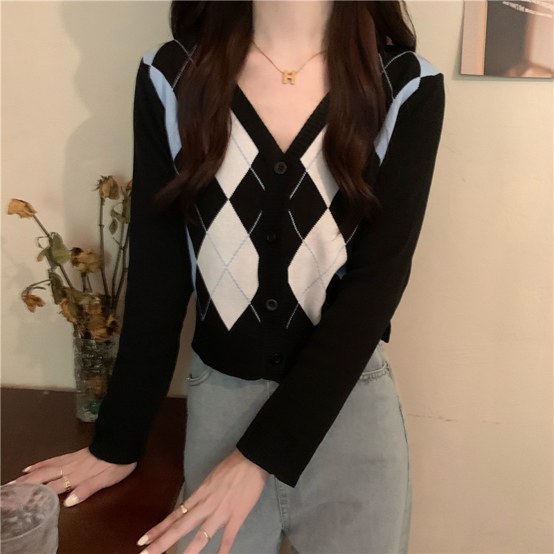 Áo khoác cardigan tay dài cổ chữ V họa tiết hình thoi thiết kế thời trang mùa thu phong cách Hàn Quốc cho nữ | BigBuy360 - bigbuy360.vn