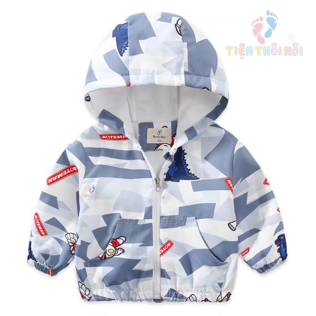 Áo Gió Hai Lớp Khóa Kéo Họa Tiết Khủng Long, Oto Có Mũ Cho Bé Trai