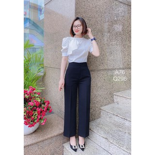 áo sơ mi trắng tay ngắn bồng cổ nơ lệch