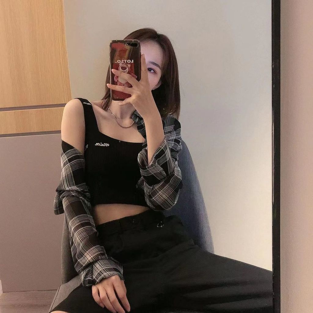 Áo Khoác Sơ Mi Ngắn Tay Dài Eo Cao Họa Tiết Kẻ Ô Màu Đen Thời Trang Mùa Thu Dành Cho Nữ