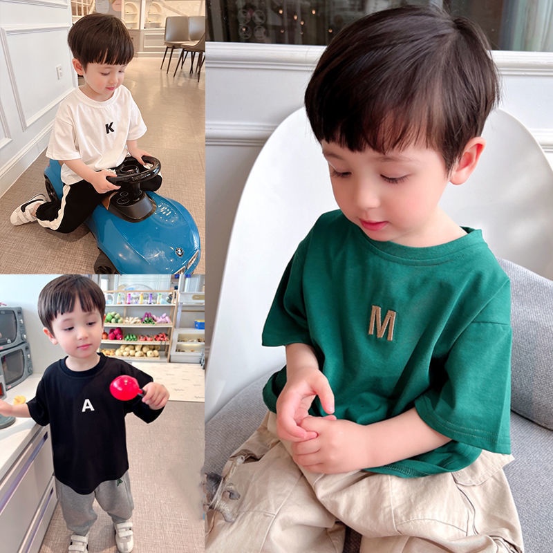 Áo Thun Cotton Tay Ngắn Cổ Tròn Thêu Chữ Đơn Giản Thời Trang Mùa Hè Cho Bé Trai