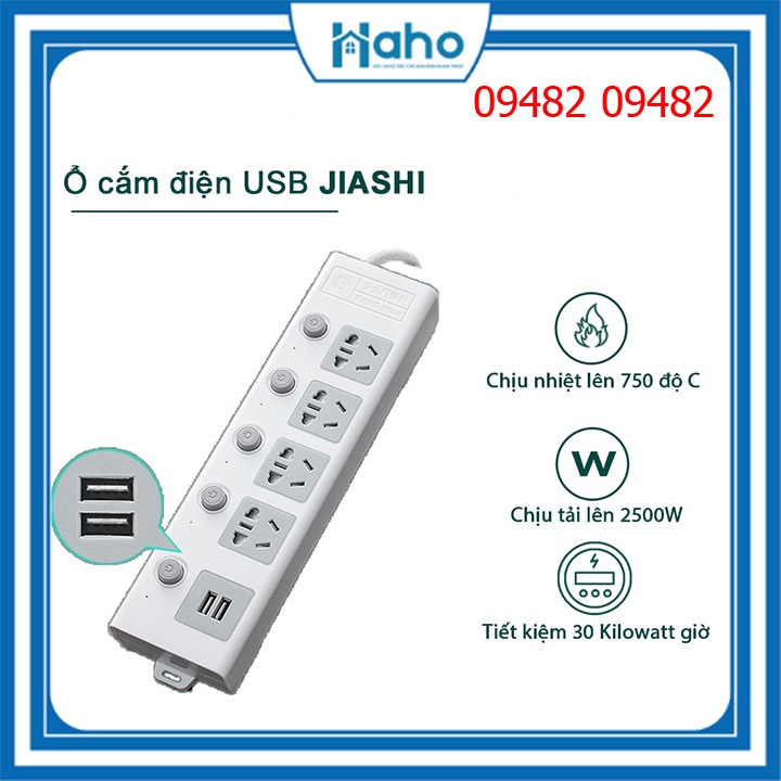 Ổ Cắm Điện Đa Năng Chống Giật Có Cổng Sạc USB Thông Minh Chịu Tải 2500W Dây Dài Haho