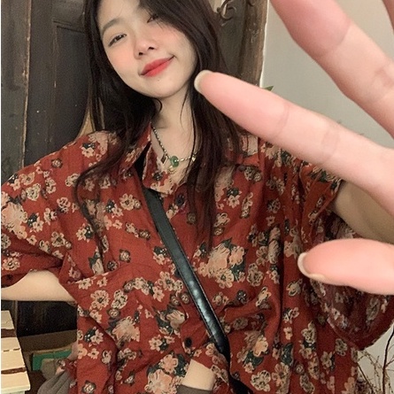 Áo sơ mi nữ ZHELIHANGFEI tay ngắn form rộng họa tiết hoa theo phong cách retro dễ phối