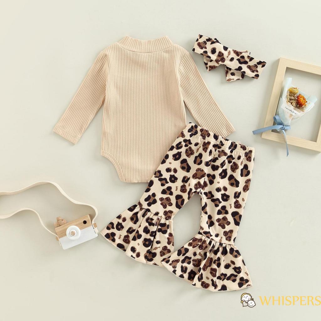 Set Áo Liền Quần Tay Dài + Quần Dài Họa Tiết Da Báo + Băng Đô Nơ Cho Bé Gái