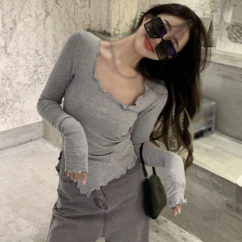 Áo thun tay dài màu trơn cổ tròn đơn giản phong cách Hàn Quốc