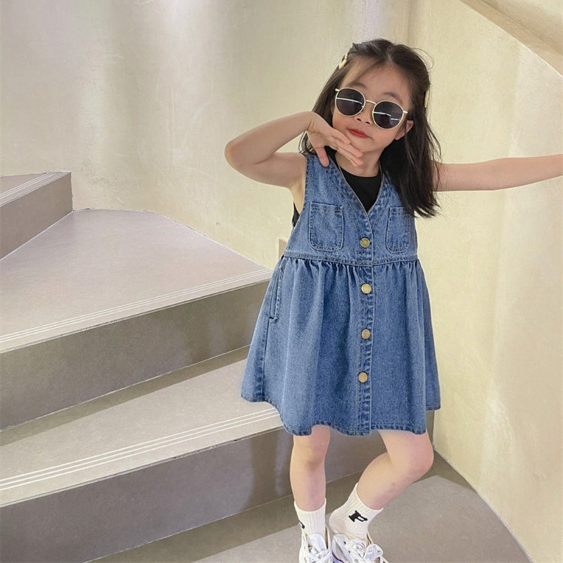 Đầm Yếm Denim Hai Dây Lưng Phong Cách Nước Ngoài Cho Bé Gái