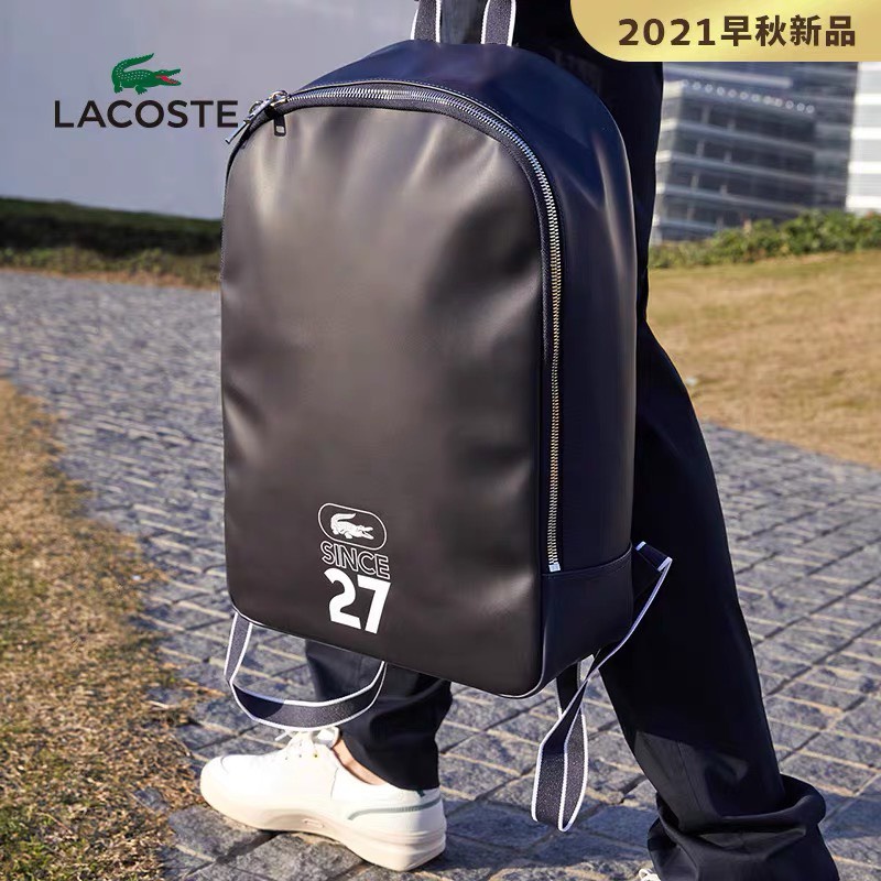 Balo thời trang Lacoste da đen, phối xanh dương chuẩn hãng