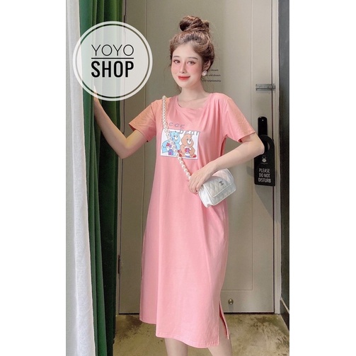 ĐẦM THUN THÁI DÁNG SUÔNG CHO NỮ TAY NGẮN CỔ TRÒN XẺ TÀ IN CHỮ FORM DƯỚI 60KG | BigBuy360 - bigbuy360.vn