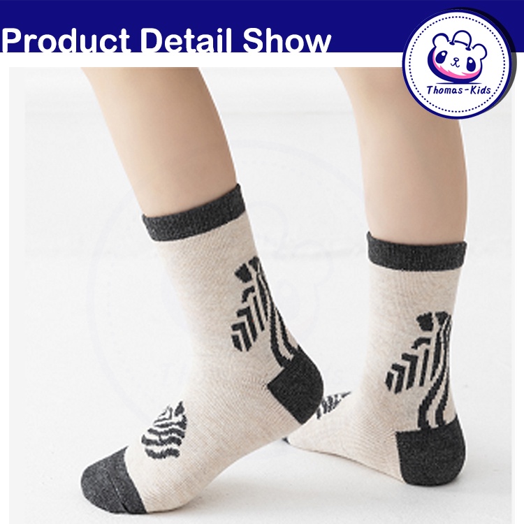 [THOMAS KIDS] Bộ 5 Đôi Vớ Cotton Dài Trung Bình Thấm Hút Mồ Hôi In Họa Tiết Động Vật Dễ Thương Cho Bé 1-12 Tuổi