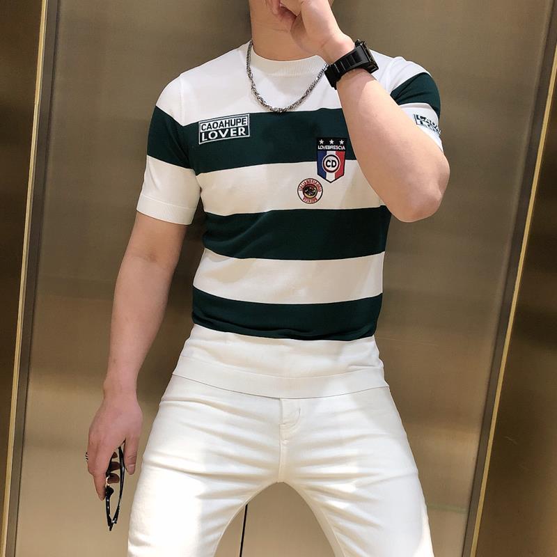 Áo Thun Lụa Lạnh Tay Ngắn Cổ Tròn Ôm Dáng Thêu Họa Tiết Kẻ Sọc Ngang Phong Cách Mới Mùa Hè Cho Nam