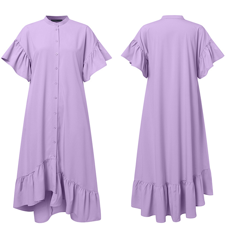 Đầm Maxi ZANZEA Tay Ngắn Cổ Chữ V Vạt Áo Không Đều Màu Trơn Dáng Rộng Viền Áo Nhún Bèo Thời Trang Nữ | BigBuy360 - bigbuy360.vn