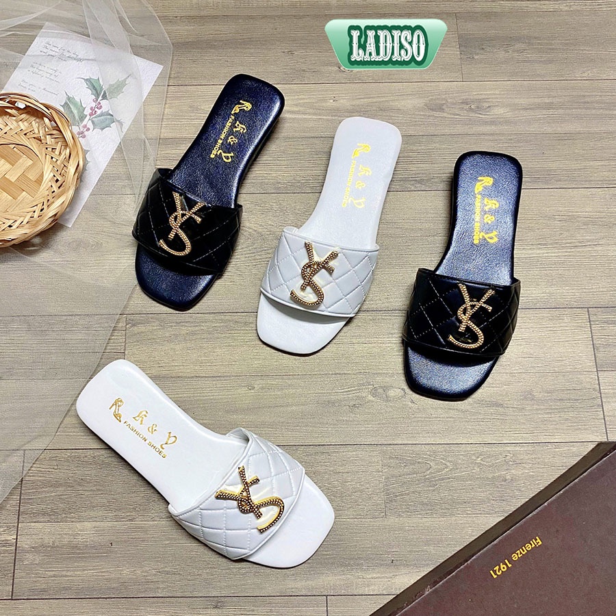 Dép quai ngang nữ thời trang họa tiết chữ phối đá siêu đẹp LADISO- TT439