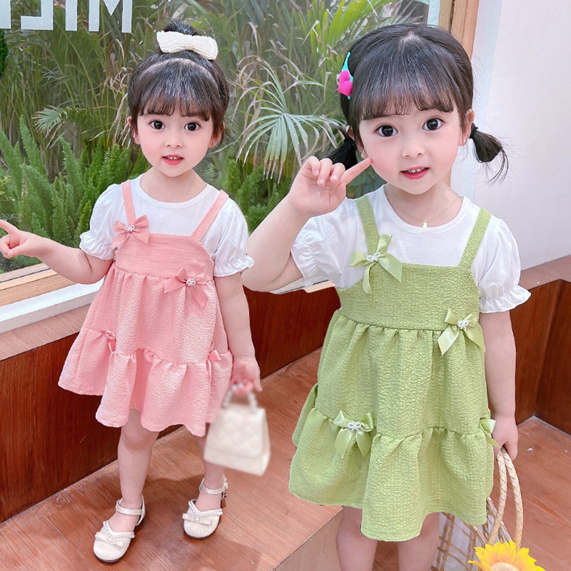 Đầm Công Chúa Tay Ngắn Màu Sắc Trơn Đính Nơ Phong Cách Hàn Quốc Thời Trang Mùa Hè Dành Cho Bé Gái Se7en